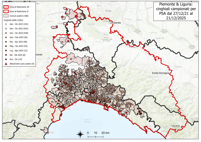 mappa esiti peste suina africana al 21/12/2025