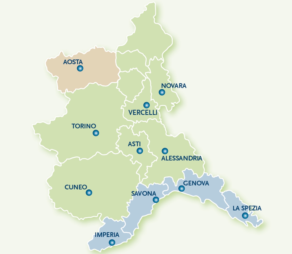 Sedi dell'istituto Zooprofilattico Sperimentale del Piemonte, Liguria e Valle d'Aosta rappresentate su cartina
